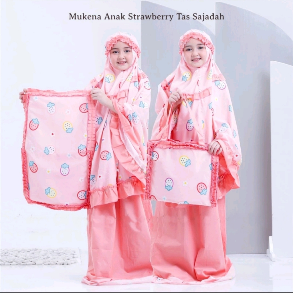 Mukena Anak Katun Strawberry  Butterfly Love Pink ( Tas Sajadah )