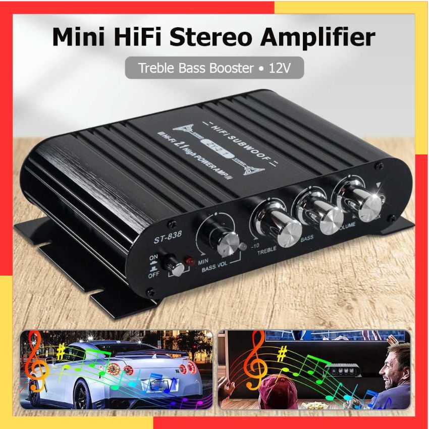 Ampli Mini 12 Volt Stereo Amplifier Mobil Rumah Treble Bass Booster Murah