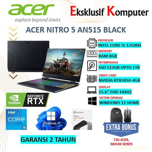 Laptop Acer Nitro AN515 Intel core i5 12500H RAM 16GB SSD 1TB RTX3050 4GB 15.6" FHD IPS 4 Zone RGB W