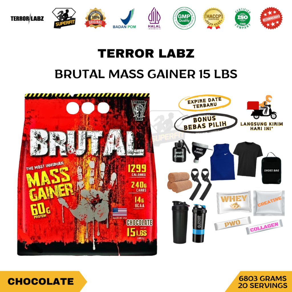 Terror Labz BRUTAL Mass Gainer 15 Lbs 6,8 Kg Chocolate BPOM HALAL TerrorLabz Susu Fitness Bulking We