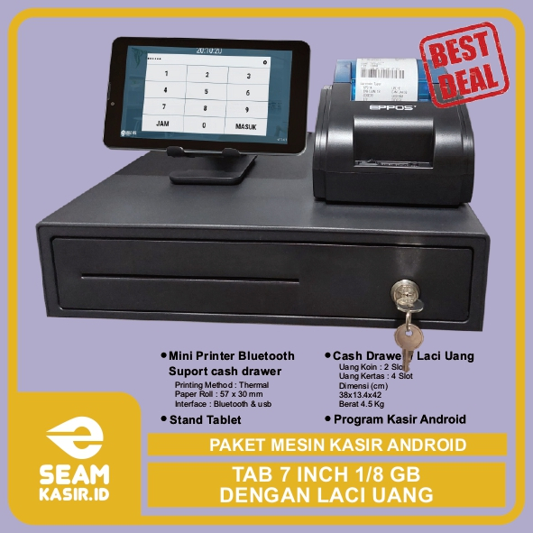 PAKET MESIN KASIR POS ANDROID TABLET/TAB 7 Inch 1/8GB - PAKET LENGKAP : Tab, Laci Uang/Cash drawer &