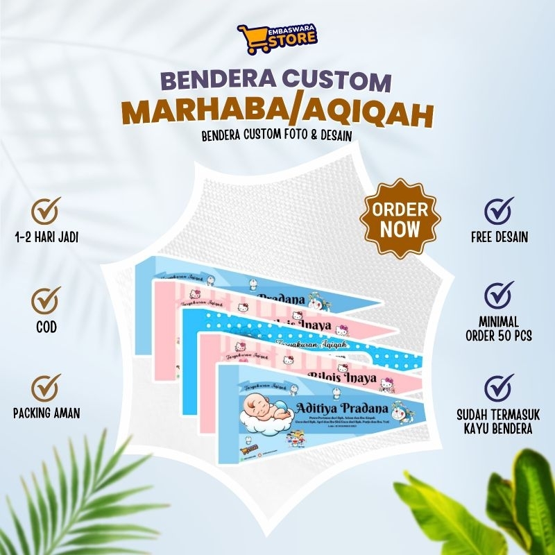 BENDERA AQIQAH TASYAKURAN MARHABA Ulang Tahun CUSTOM FOTO Desain by Embaswara Store Palembang