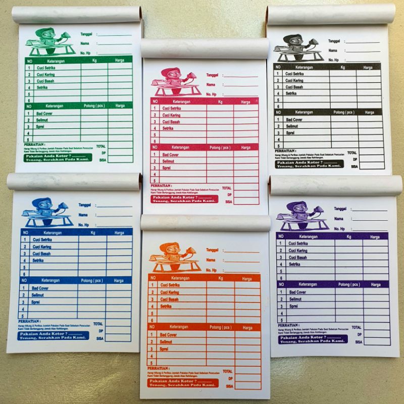 

Nota laundry 1 ply / 1 Rangkap warna warni Motif ORANG SETRIKA PAKAIAN