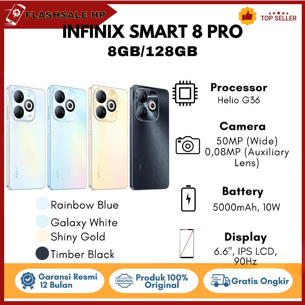 INFINIX SMART 8 PRO RAM 8/128 GB BERGARANSI RESMI NO REPACK