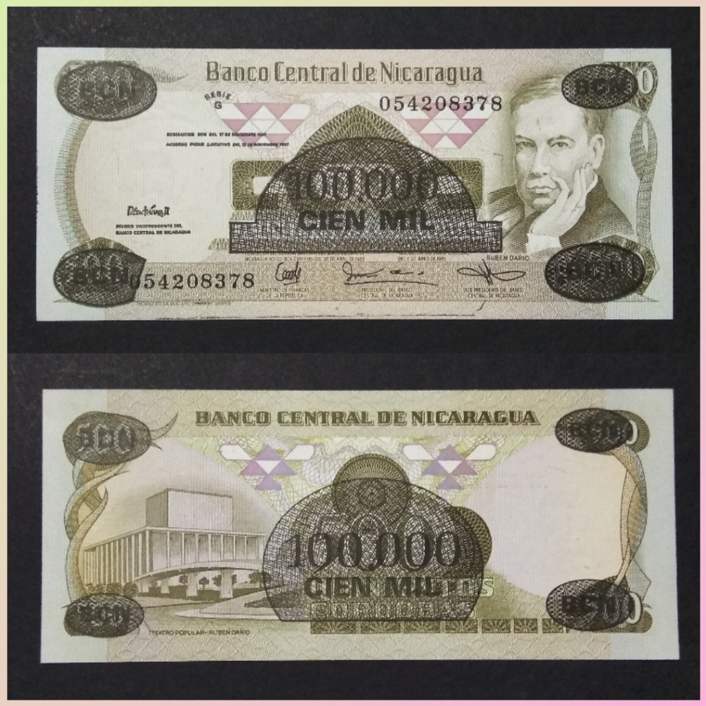Uang Nicaragua 100000 Cordobas 1987 Overprinted