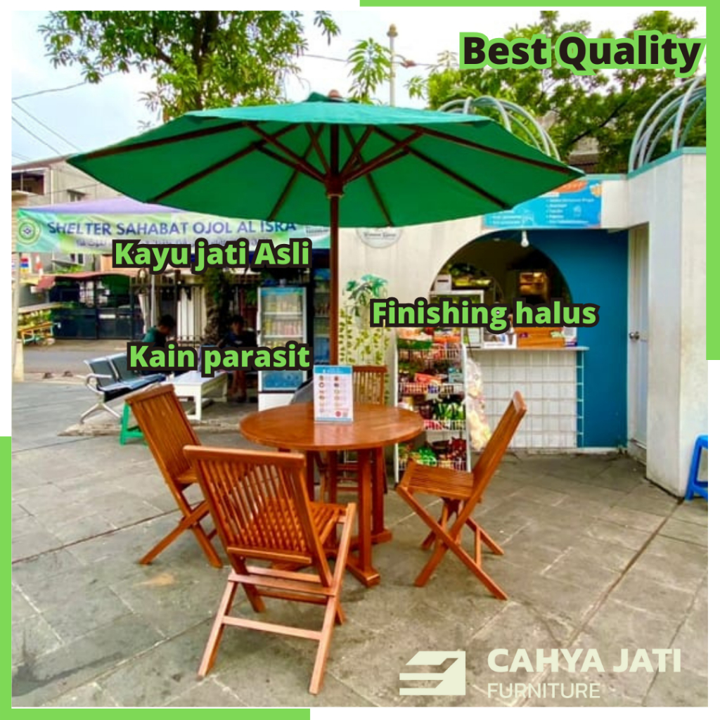 Meja Payung Cafe Taman Outdoor Bahan Kayu Jati Kain Parasit