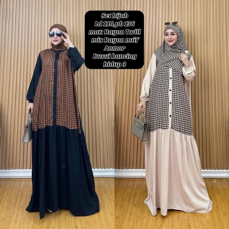 gamis set hijab motif kotak rayon premium