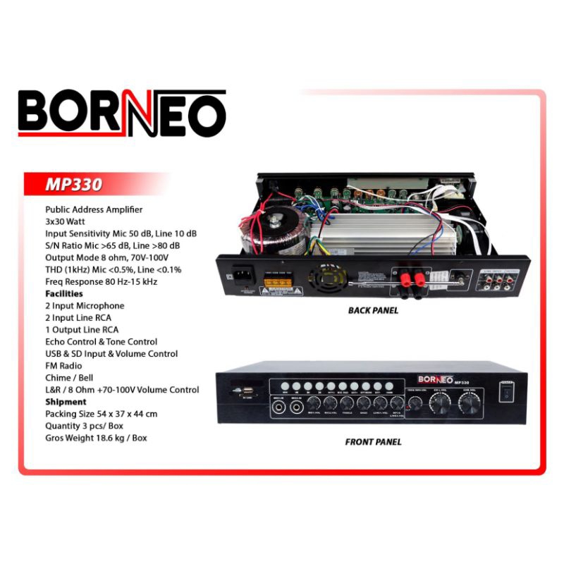 power amplifier Public Address amplifier 3x30 watt BORNEO MP330 / Ampli toa 3x30 watt BORNEO MP-330 