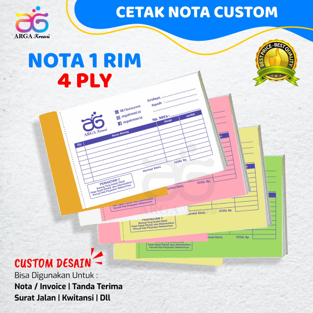 

Cetak Nota NCR Rangkap 4 Ply Custom 1 Rim Kwitansi Toko Surat Jalan Invoice Tanda Terima Faktur