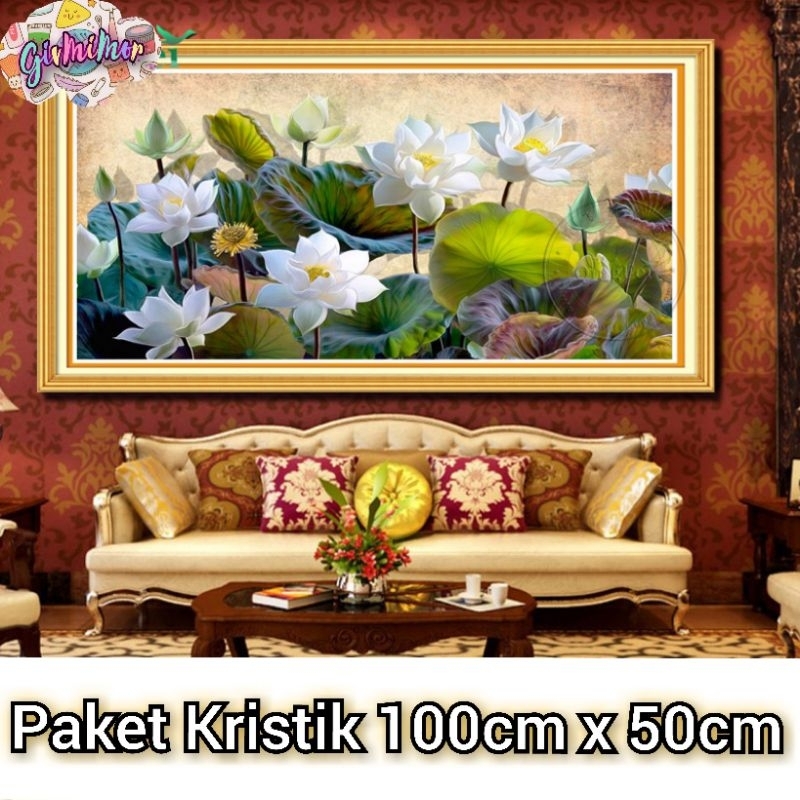Paket DIY Sulam Kristik Lengkap Bunga Lotus Teratai 11ct 100cm x 50cm