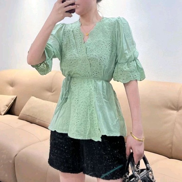 2904 Baju atasan BLOUSE CELINDA EMBROIDERED COTTON WRAP KATBOL VNECK TOP bordir lengan pendek pink p