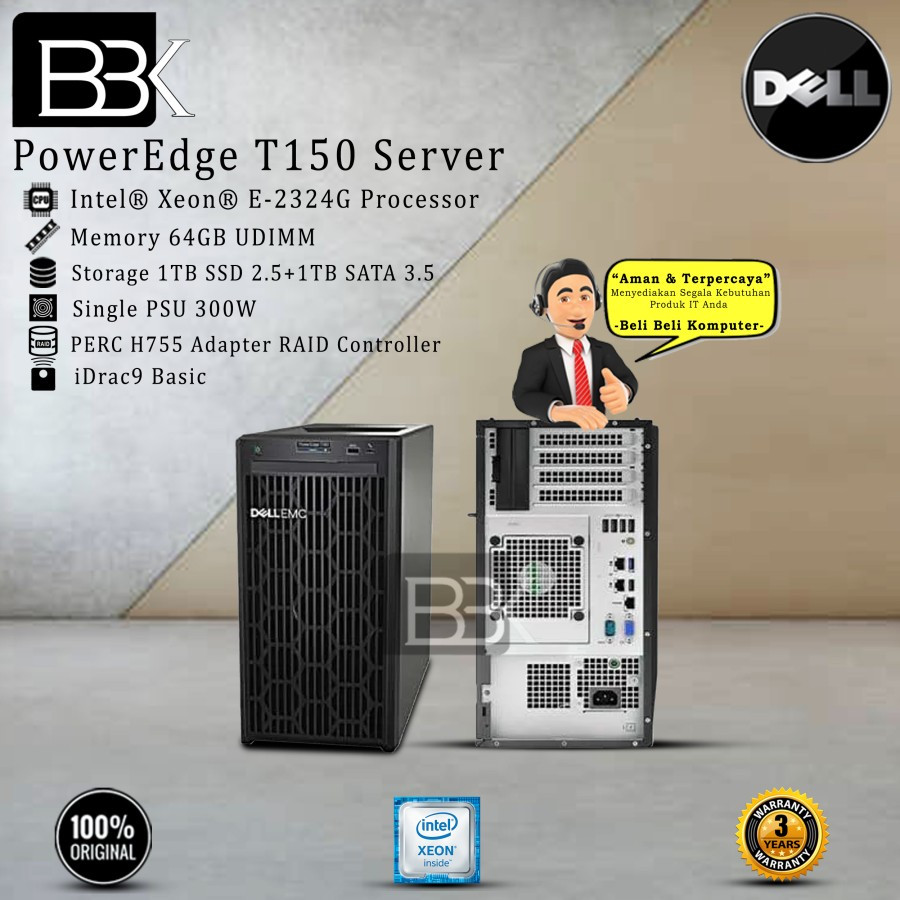 Server Dell PowerEdge T150 Intel Xeon E-2324G 64GB 1TB+1TB SSD 3YR