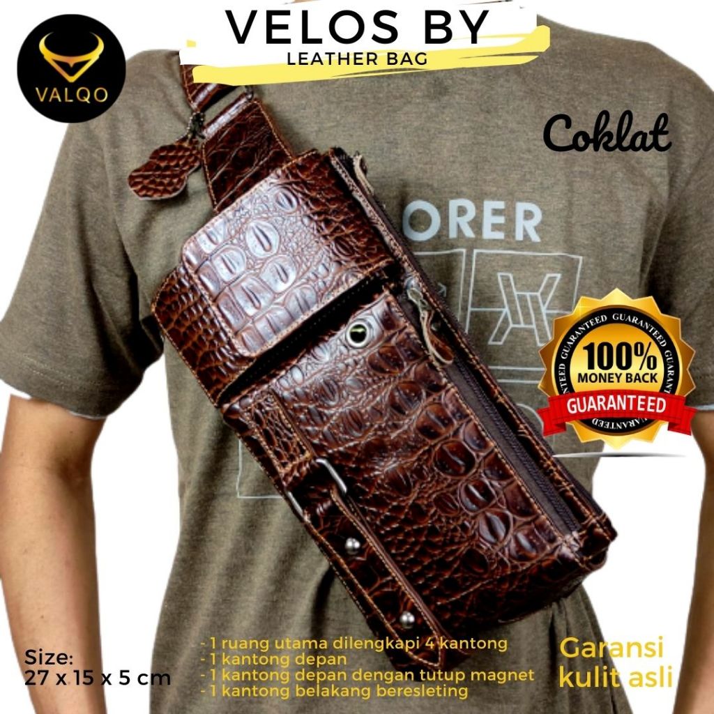 VALQO VELOS Tas Kulit Sapi Motif Buaya Waist Bag Dada Pinggang Sling bag Cowok Tas Pria