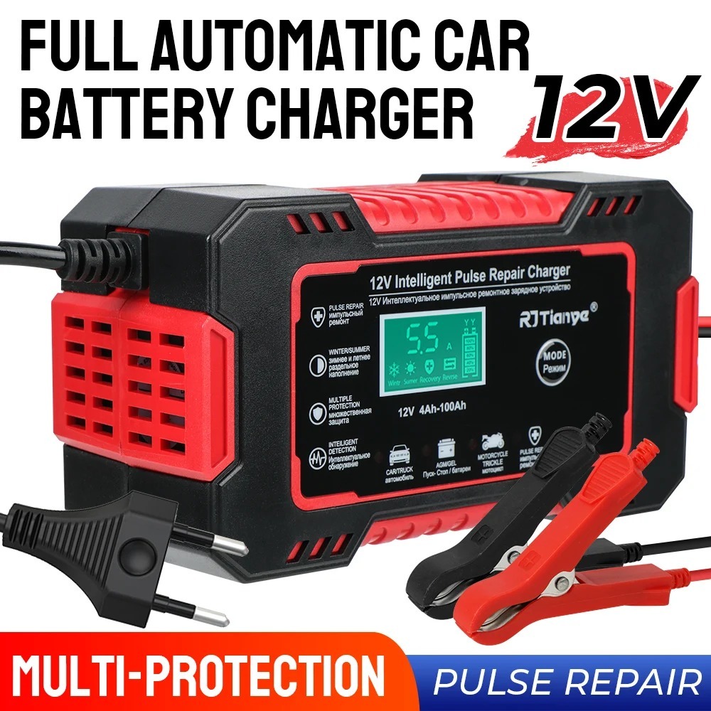 RJTianye Charger Aki Mobil Lead Acid Smart Battery Charger AKi Motor 12V 4-100Ah