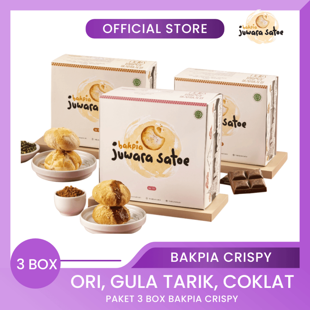 

BAKPIA JUWARA SATOE [ 3 Box ] Paket Bakpia Crispy (Original, Gula Tarik, Coklat) - Oleh Oleh Khas Jogja