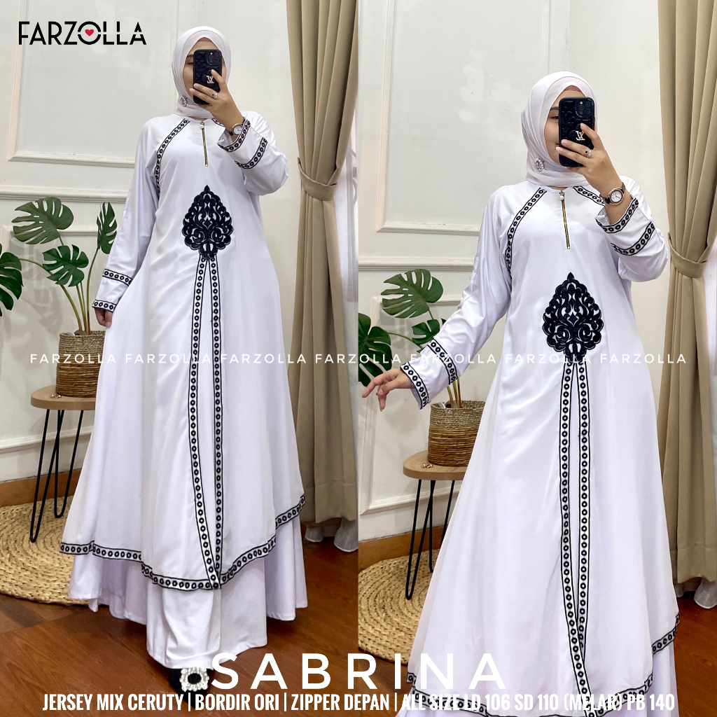 Sabrina Gamis Abaya Terbaru Bordir Wanita Arab Hitam Putih Jersey Korea Mix Ceruti Busui Ziper Depan