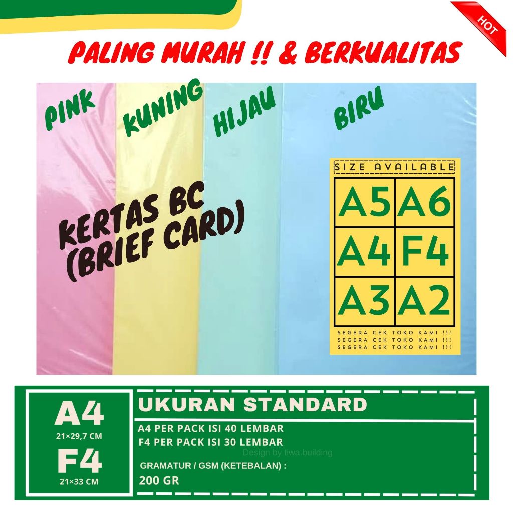 

KERTAS BC/KERTAS BRIEF CARD/KERTAS MANILA/KERTAS TIK/KERTAS UNDANGAN ANEKA WARNA PERPACK A4&F4 ISI 30&40 LEMBAR