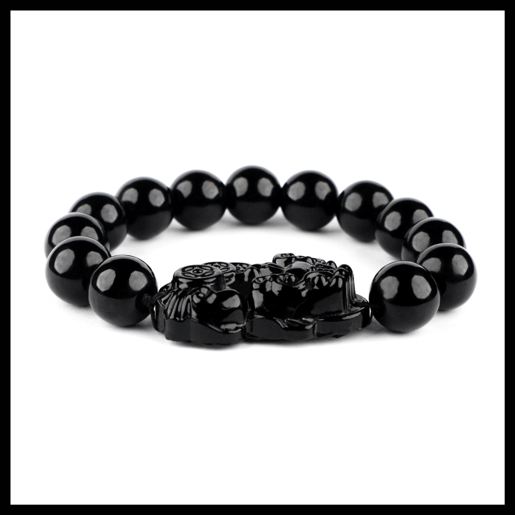 Gelang Batu Asli Black Onyx Dengan Katak Rejeki