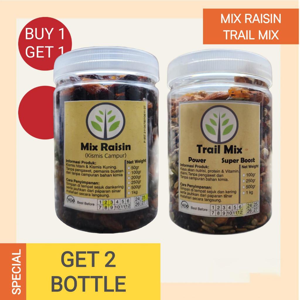 

Buy 1 get 1 Trail Mix Complete Neo 500gram(1/2kg) + Mix Raisins 500gram(1/2kg) / Kismis Hitam + Kismis Kuning