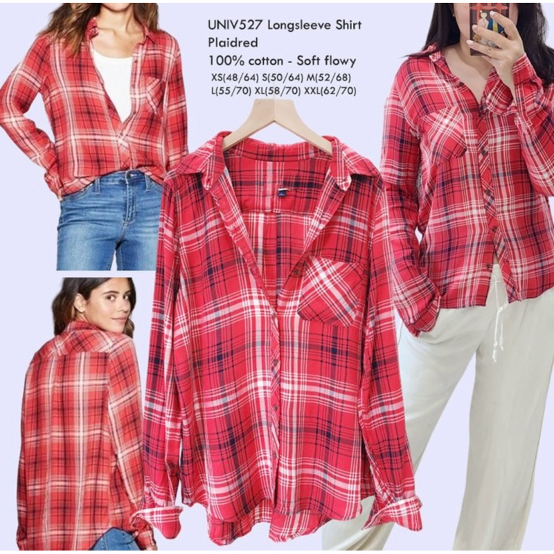 Kemeja Wanita Katun Lengan Panjang Motif Kotak-Kotak Merah (Longsleeve Shirt Plaid Red) brand UNIVER