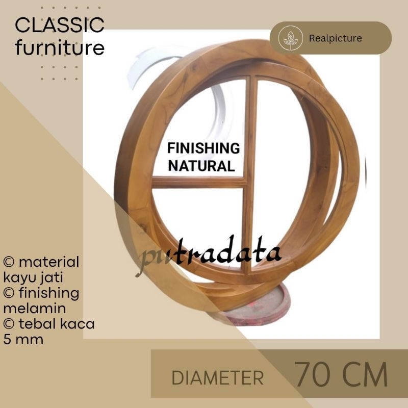 Kusen Jendela Bulat Kayu Jati Diameter 70 cm Engsel Putar Pivot Stainless