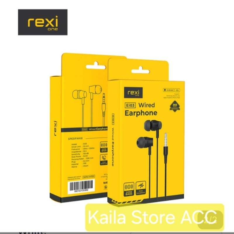 Rexi Ei03 Headset Super Bass  , Earphone Wired Bass Ei03/Ai15-K/AS11-K/AS05-Kx/AS08-Kx