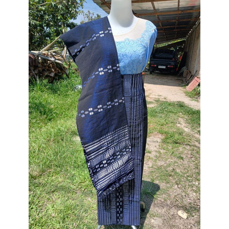 ORIGINAL SONGKET BATAK SARUNG SELENDANG PUCCA BINTIK TENUN TANGAN TATUTUNG BIRU NAVY SILVER BENANG 1
