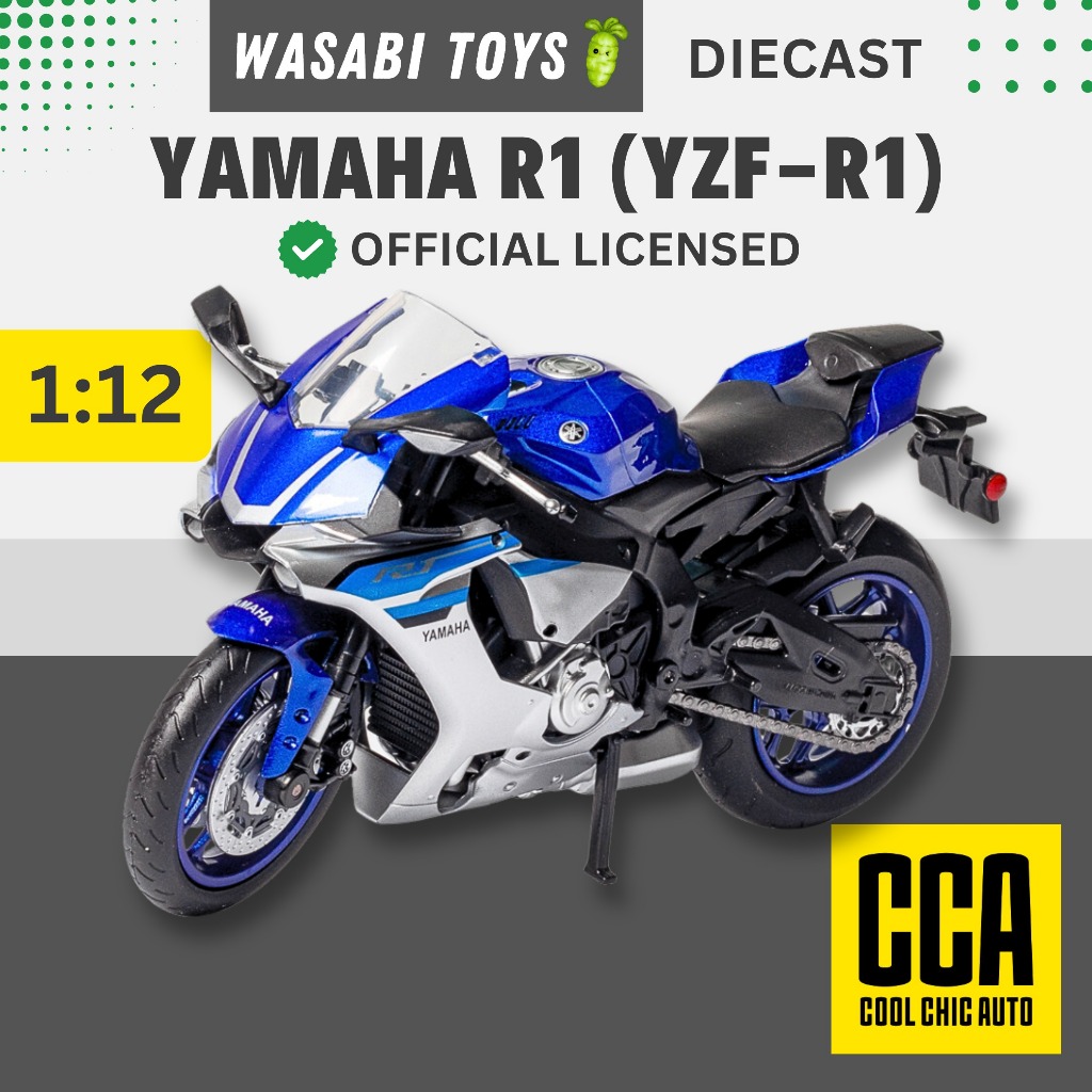Diecast 1:12 Yamaha R1 YZF-R1 Official Licensed CCA (Dapat Alas Motor, Tanki Logam, Ban Karet)