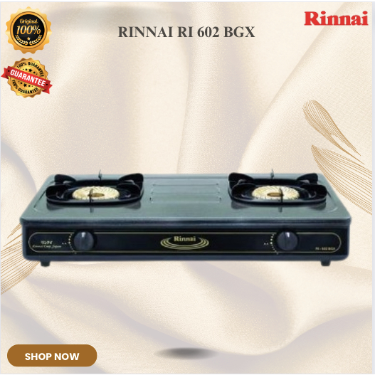 RINNAI KOMPOR GAS 2 TUNGKU RI 602 BGX/RI602BGX/RI602 BGX/RI 602BGX/RI-602BGX/ORIGINAL GARANSI RESMI