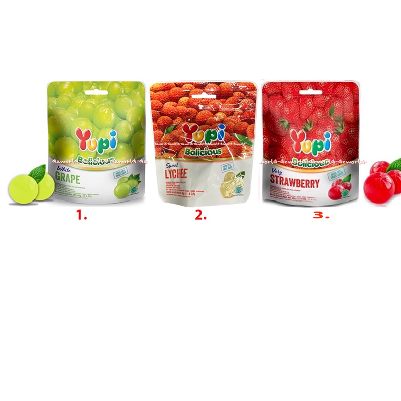 

Yupi Bolicious 40gr White Grape Sweet Lychee Very Strawberry Permen Jelly Jeli Lunak Rasa Buah Leci Manis Kembang Gula Yuppi