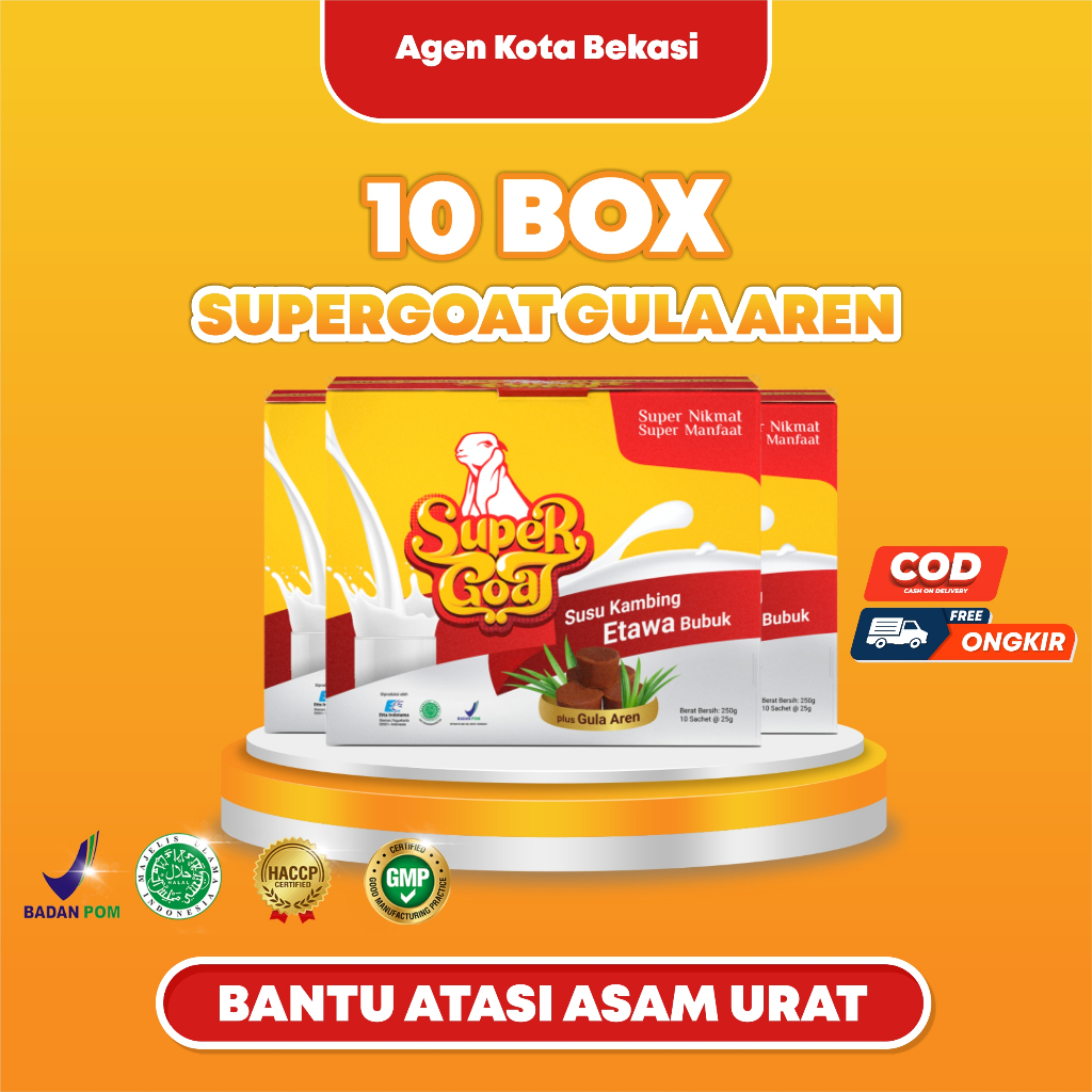 

Super goat Susu Kambing Etawa Bubuk Gula Aren Original Sachet Minuman Serbuk Milk Powder Mengobati Asam Lambung Nyeri Sendi Rematik Isi 10 Box