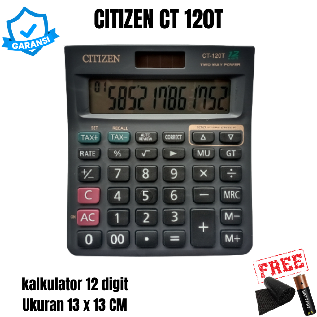 

Kalkulator CT 120T Ukuran Sedang 12 Digit Sekolah Tax / Pajak Dual Power Baterai Panel Surya