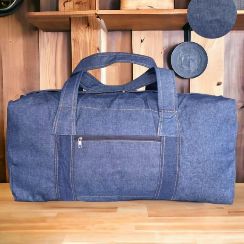 Tas Travel Duffel Jumbo Bahan Jeans Kuat Awet Tas Wadah Pakaian Mudik Lebaran