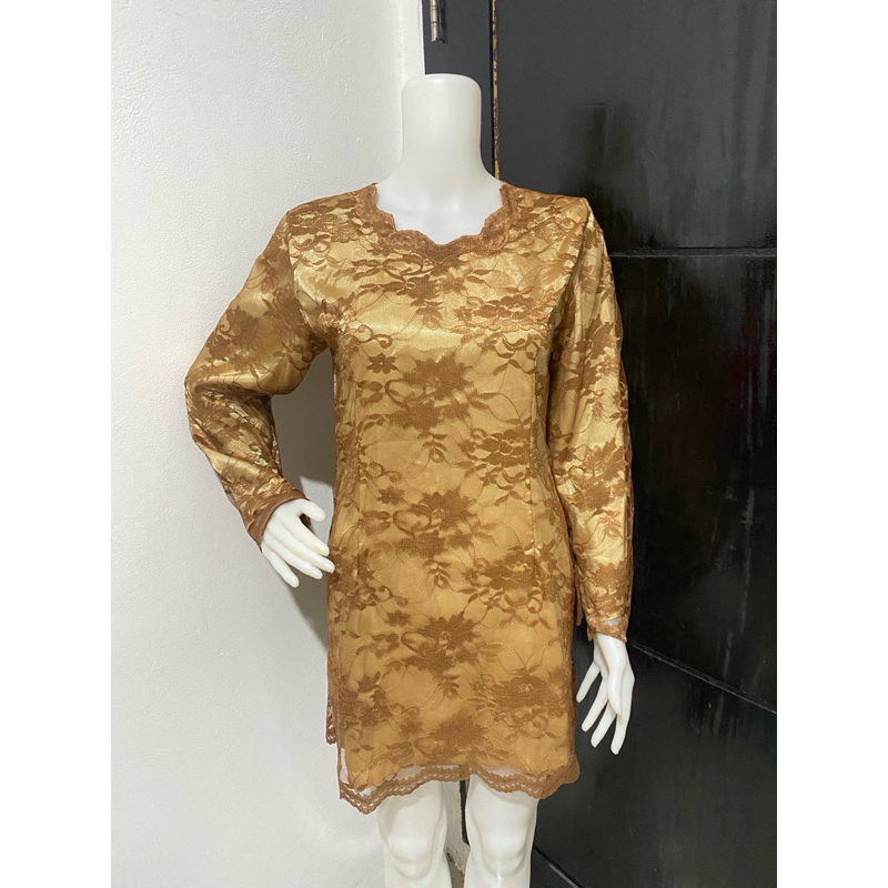 Atasan brukat kebaya tunik simple coklat gold lengan panjang