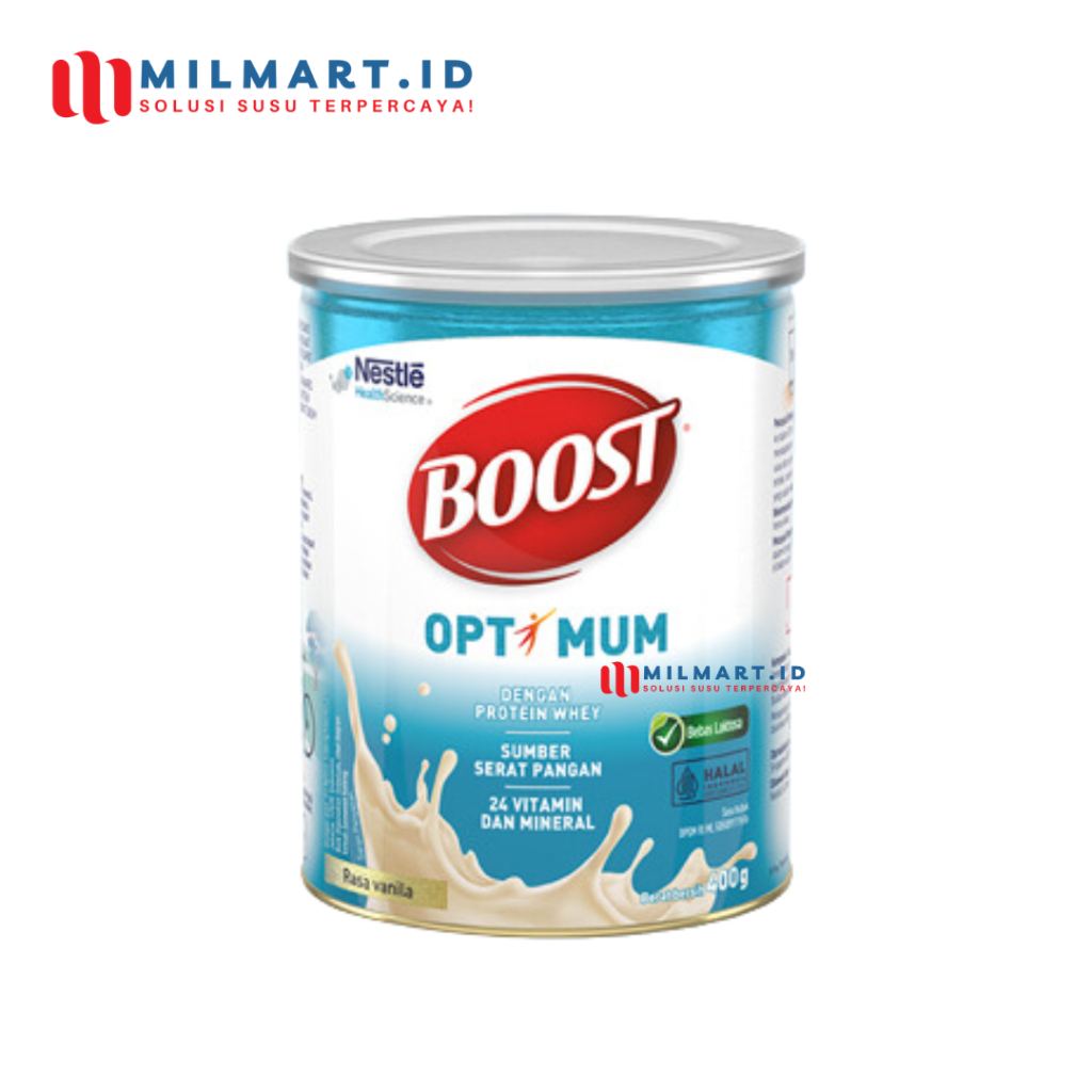 

NESTLE BOOST OPTIMUM VANILA 400 G SUSU NUTRISI DEWASA SUSU BUBUK LANSIA KALENG