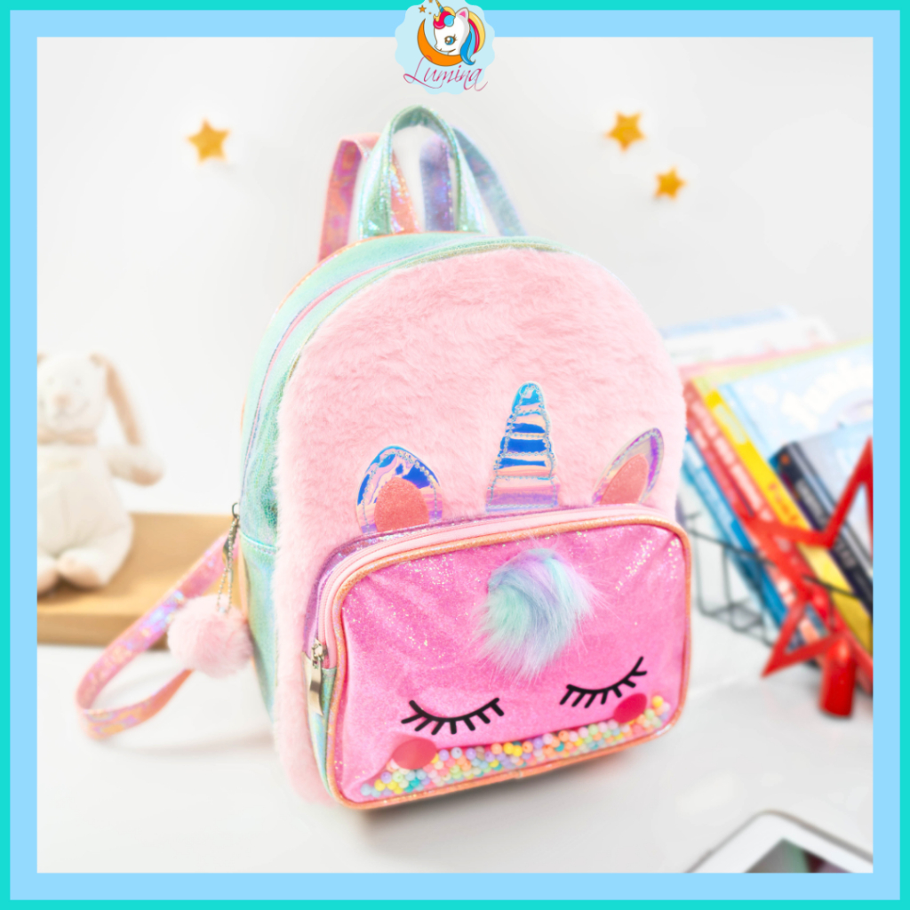 Tas Sekolah Ransel Besar Anak SD TK Remaja Perempuan Impor Korea Fashion Unicorn Sparkling Bulu Anti
