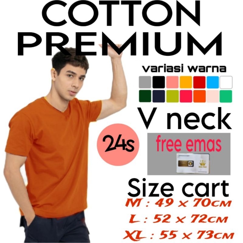 Kaos katun combed 24s V neck premium tebal unisex pria wanita