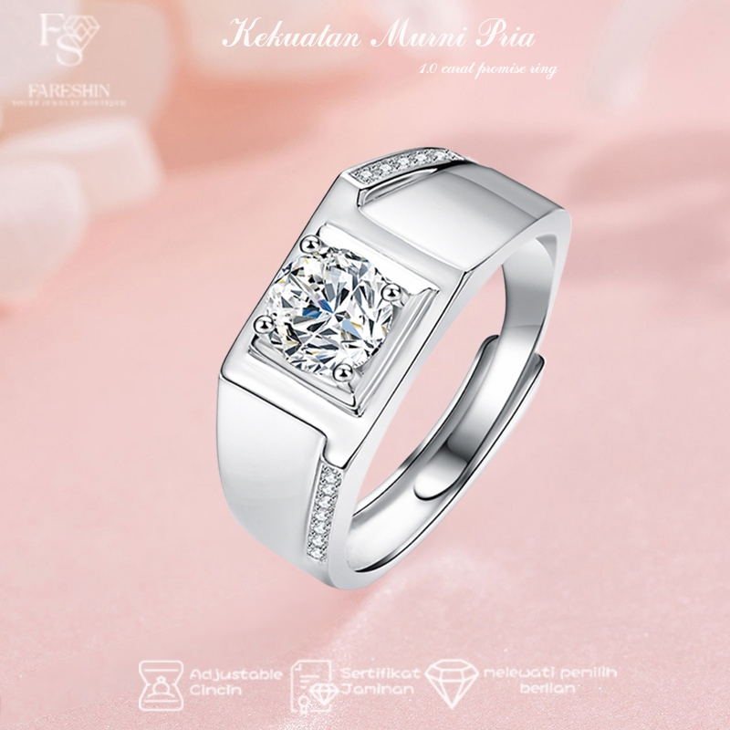 Cincin Pria Moissanite Kekuatan Murni Mas Putih Sterling Silver 925  Fareshin Jewellery
