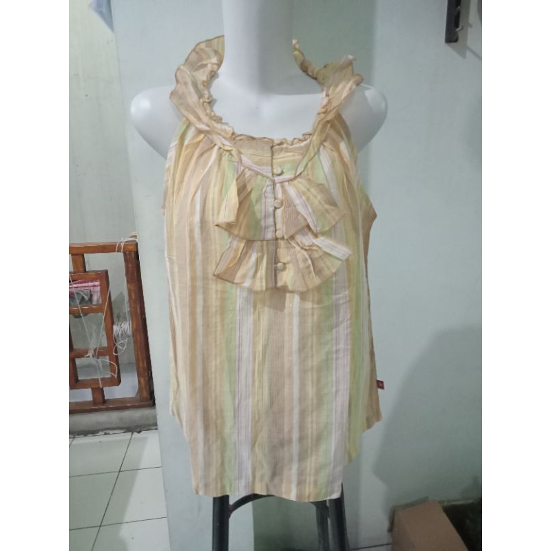 Tanpa Label Baju Blouse Wanita Triset Ori Stripe Gold Yellow Size M