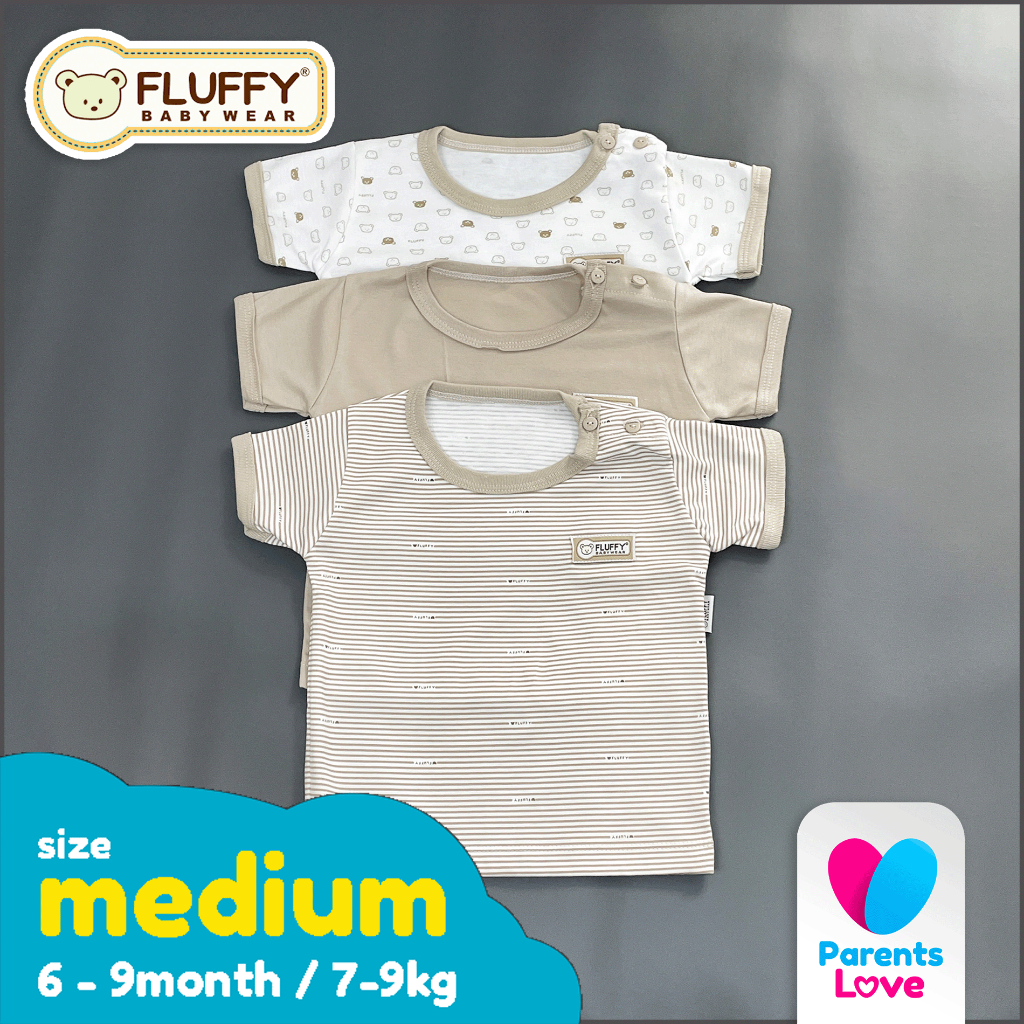 FLUFFY - Baju Lengan Pendek Kancing Bayi 6-9 Bulan | 3pcs | Size M | Khaki