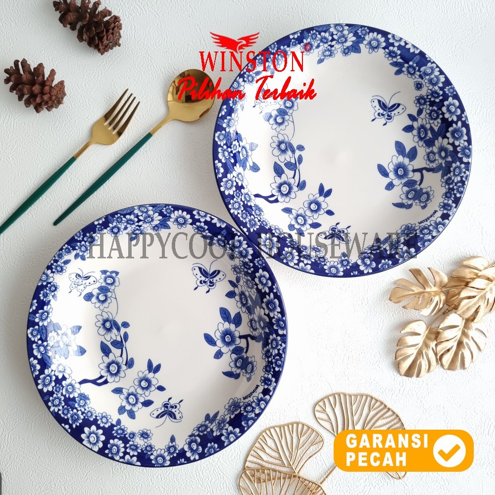 WINSTON 1pcs Piring Lontong Keramik 9,25 inch Sakura Blue Dinner Plate 23cm