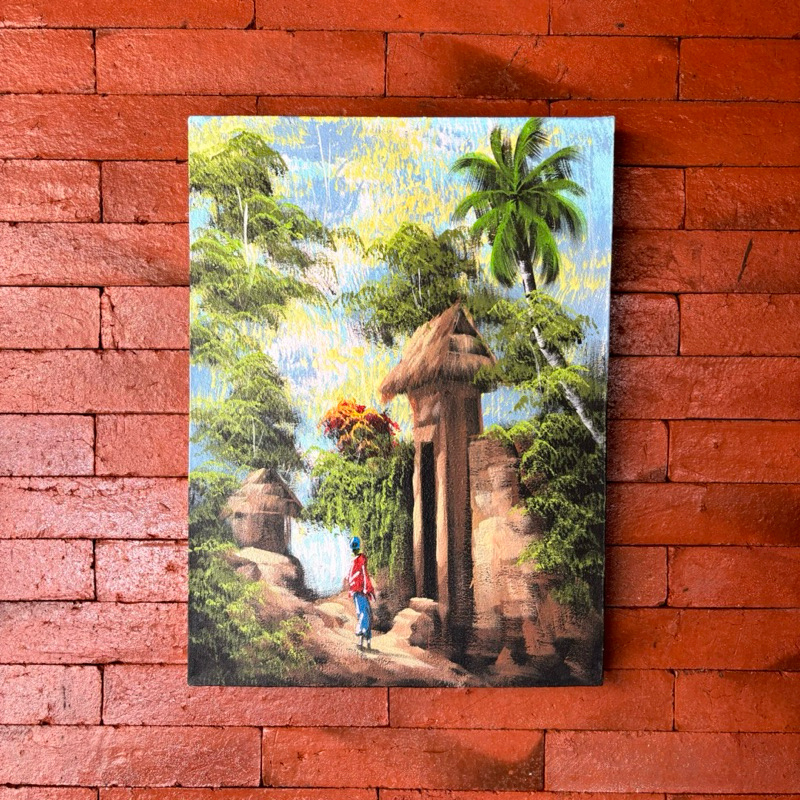Lukisan Pemandangan Kampung , Ukuran 30 x 40cm, Lukisan Kanvas, Hiasan Dinding, 100% Buatan/Goresan 