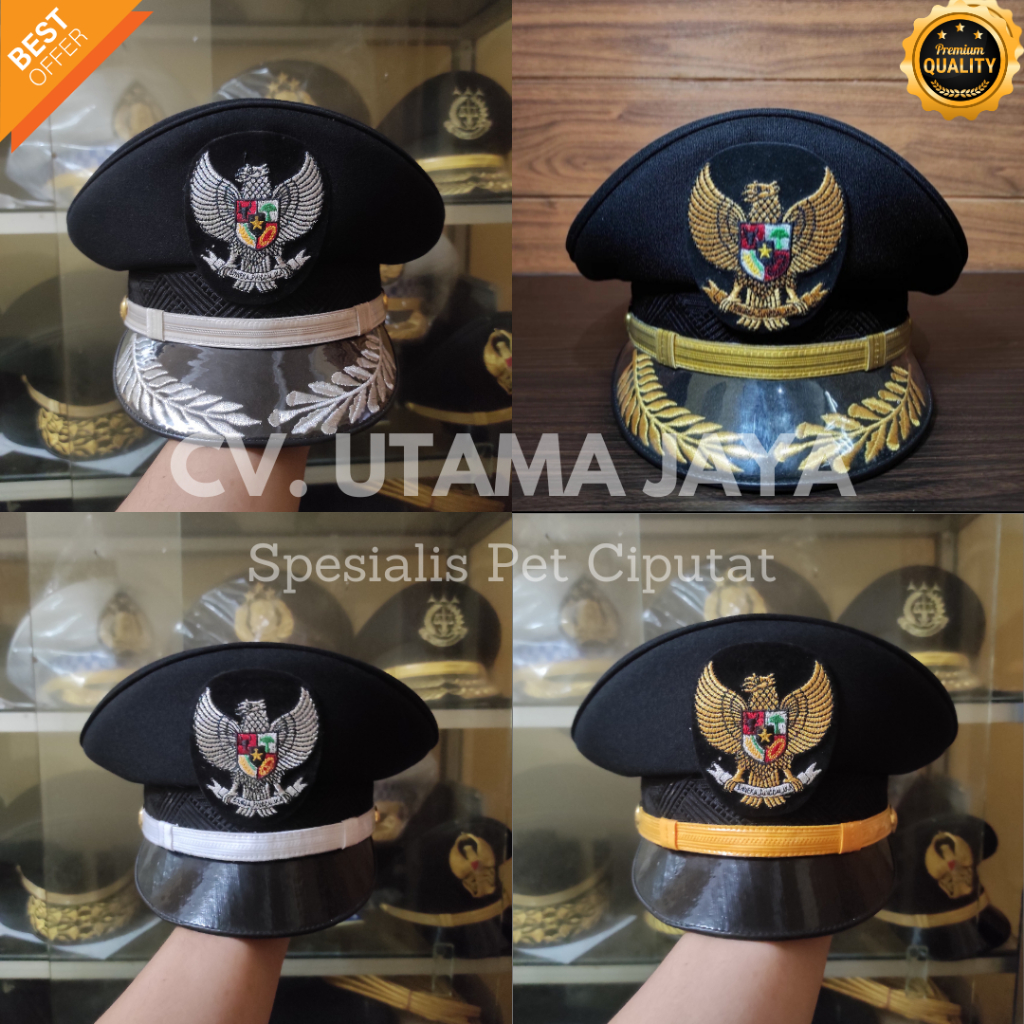 Topi Pet PDU Garuda Kades Lurah Camat Gubernur walikota bordir Pria Putih Abu Emas