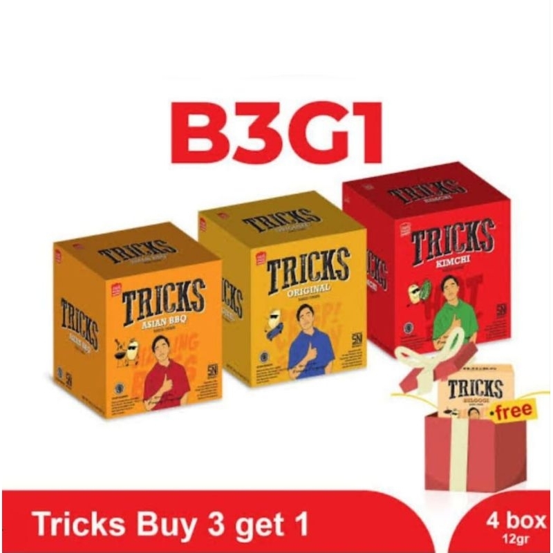 

Promo Beli 3 Gratis 1 Tricks Crisps Potato Biskuit Kentang Box isi 4 pcs 60g