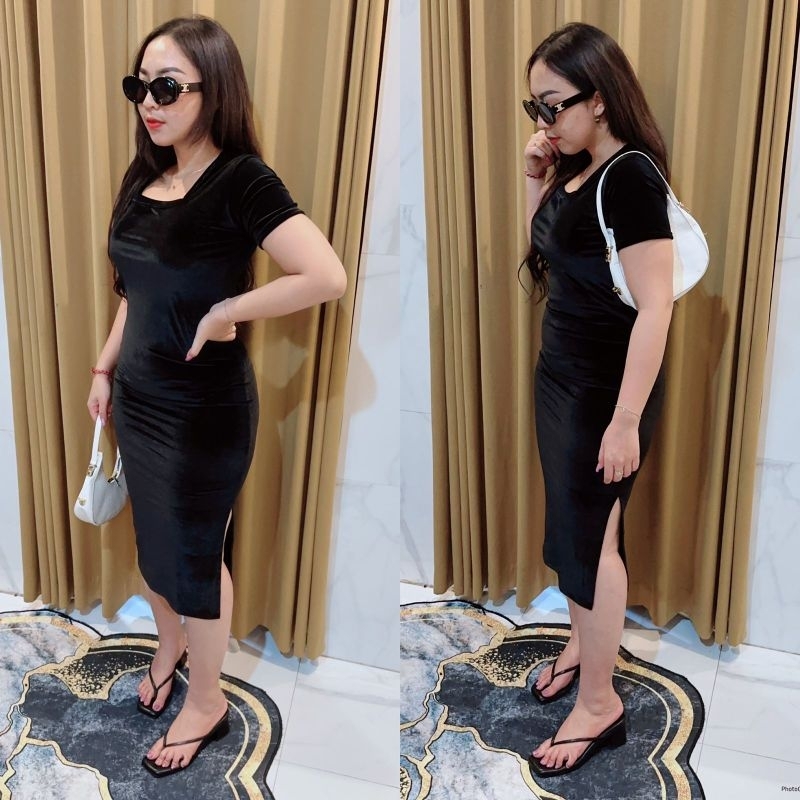 Grosir Natalia | Dress Bodycon Motif Polos Material Bludru Suede