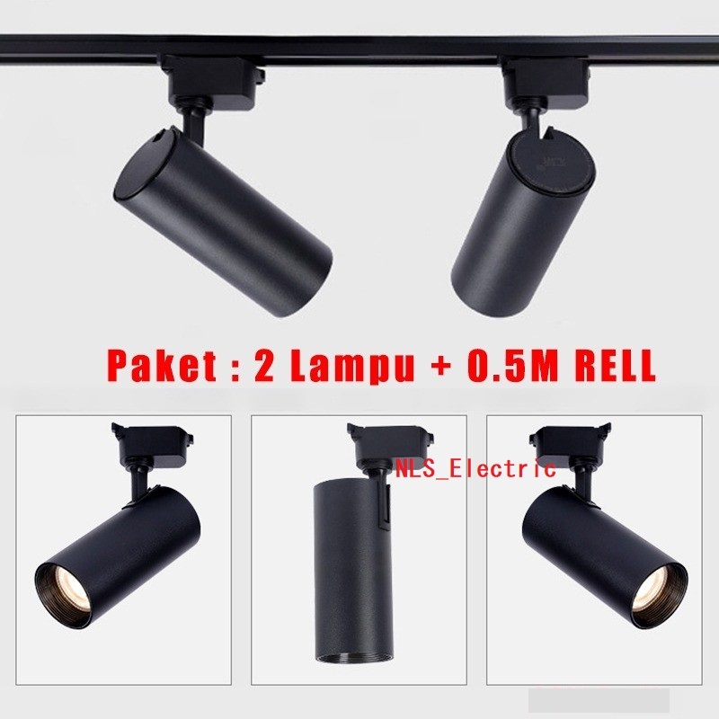 PAKET SET 2 lampu + 1rel lampu sorot spot rel lampu tembak 0.5 M 10w 20w 30w (isi 2 LAMPU + 1 TRACK 