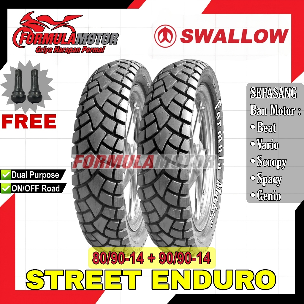 80/90-14 + 90/90-14 Swallow Street Enduro Ring 14 Tubeless (Dual Purpose) Sepasang Ban Motor Beat, Vario, Scoopy, Spacy, Genio, Address Tubles SB117 SB-117