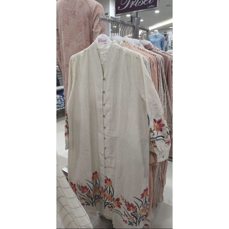 TRISET LADIES TUNIK PANJANG MOTIF BUNGA CREAM