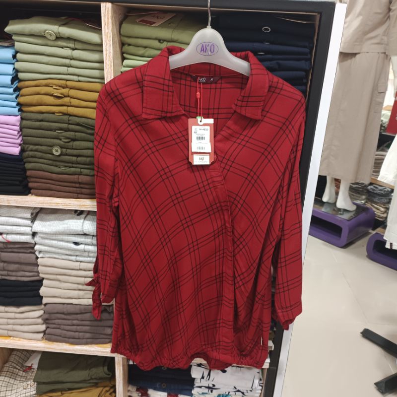 kemeja wanita ako maroon kotak