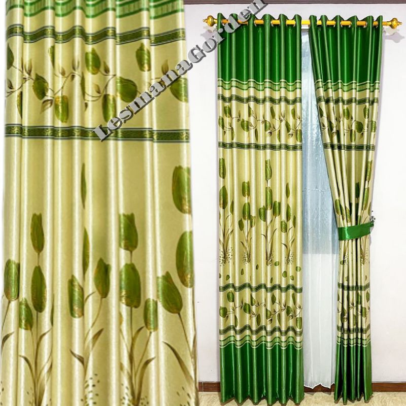 Gorden blackout ruangan kamar tamu motif bunga tulip Napoleon model smokring gold